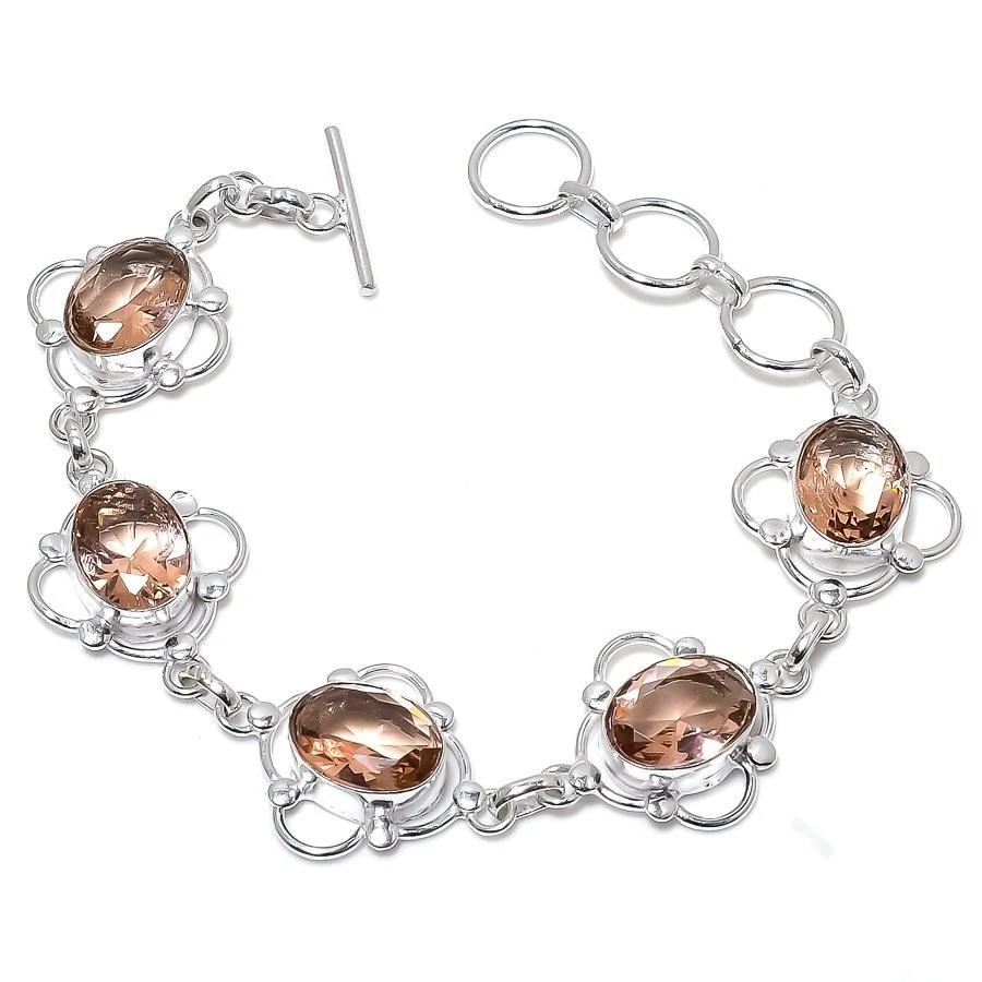 Brazalete de joyería de plata de ley 925 hecho a mano con piedras preciosas de morganita melocotón tamaño 7-8" Foto 1 de 1