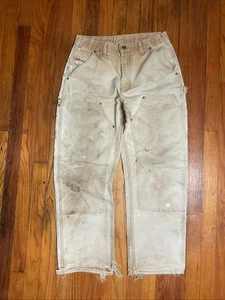 VTG Carhartt Pants Mens 30x30 Beige Double Knee USA Distressed Sun Faded - Picture 1 of 12