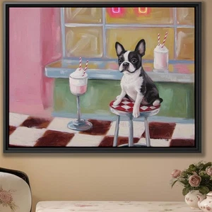 Boston Terrier Canvas Wall Art Retro Diner Dog Painting Playful Pet Print - Picture 1 of 9