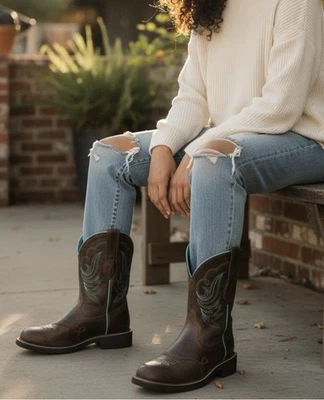 Ariat Fatbaby Cowboy Boots Women Sz 10 B Brown Leather Turquoise Trim Embroidery - Image 1 of 4