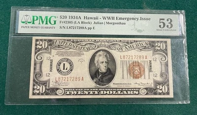 1934 A $20 Dollar Bill Hawaii Overstamp PMG AU53 - Image 1 of 2