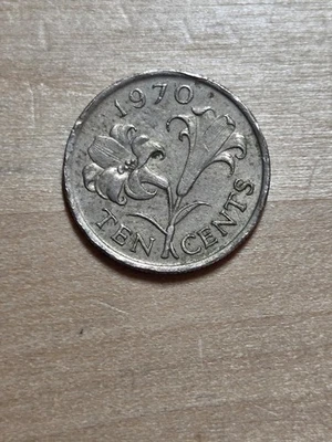 Moneda de 10 céntimos Bermudas, 1970. KM# 17, cobre-níquel. Bermudas lirio. Isabel II. Foto 1 de 4