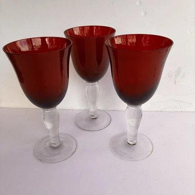 Trio Ruby Red Goblets with Clear Stems  8” tall Three Handblown Wine Glasses EUC - Image 1 of 4
