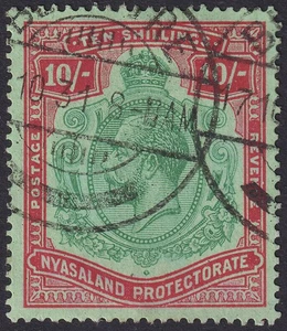 Nyasaland 1926 KGV 10sh Green and Red on Pale Emerald Used SG113 cat £150 - Picture 1 of 2