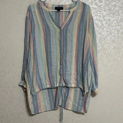 Renuar XL Pastel Metallic Stripe Button Down Top High Low Hem Long Sleeve Blouse - Image 1 of 4