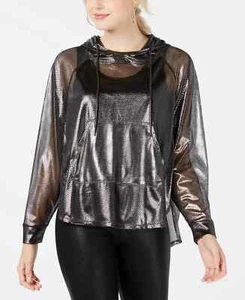 Material Girl Juniors' Metallic Semi-Sheer Windbreaker Gunmetal Size Large - Picture 1 of 2