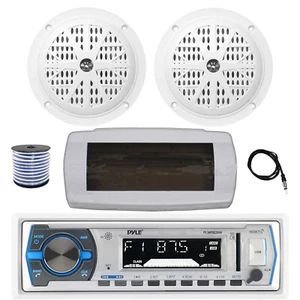 Pyle Bluetooth Marine Receiver, Cover, Antenna,Wire, 2x 4'' 100W White Speakers - Picture 1 of 6