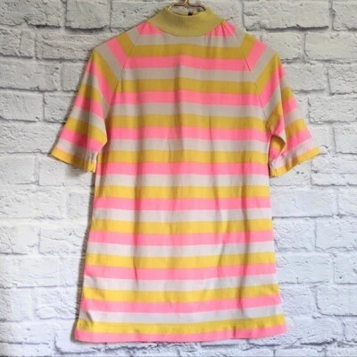 Vintage 60s 70s Striped Mock Neck Top S Pink Yellow Neon Mid Century Mod - Image 1 of 3