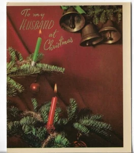 Used Vtg CHRISTMAS CARD-approx 4.5x5" Glossy Card w/Candles on Tree Bells - Picture 1 of 3