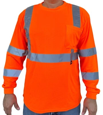 Orange High Visibility Long Sleeve Safety Shirt Reflective Stripes /Choose Size  - Image 1 of 2