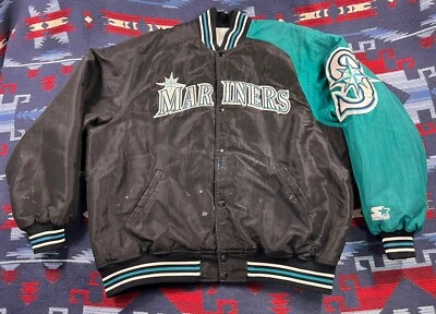 Vtg Seattle Mariners Starter Jacket Big Logo MENS Black Teal 90s Griffey Era XL - Image 1 of 4