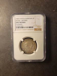 Cambodia silver Norodom I 2 francs 1860 restrike uncirculated NGC UNC cleaned - Picture 1 of 2