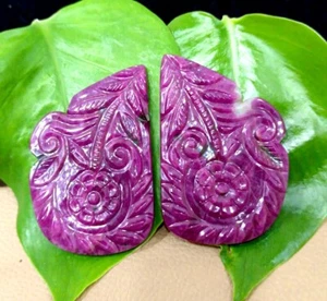 100% Natural Ruby Carved Gemstone, 56x32x6 mm Wt- 340 ct, Ruby Leaf Matched pair - Picture 1 of 7
