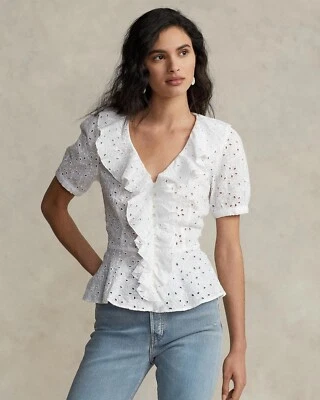 NUEVO CON ETIQUETAS $198 Polo Ralph Lauren Blusa con Volantes Lino Ojales 10 Foto 1 de 4