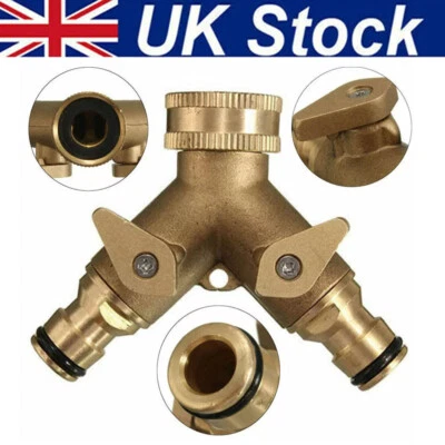 2 WAY BRASS HOSE PIPE DOUBLE TAP ADAPTOR DUAL HOSEPIPE CONNECTOR SPLITTER UK - Image 1 of 4