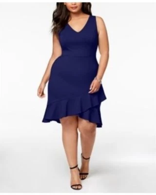 Vestido soprano para mujer cuello en V volantes dobladillo sin mangas azul marino plus 1X Foto 1 de 2