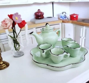 Doll House Accessories 1:12th Miniature - 7pc Tea Set Mint Green - Picture 1 of 1