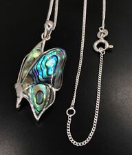 Abalone paua shell butterfly shape pendant, solid Sterling Silver, + chain. Box.