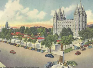 DE COLECCIÓN AÑOS 50 TEMPLO MORMÓN BLOQUE BRIGHAM JOVEN MONUMENTO LAGO SALADO UTAH POSTAL GIGANTE - Imagen 1 de 3