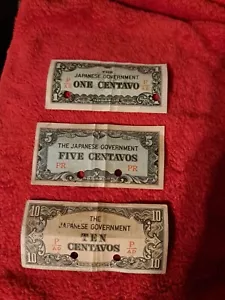 1940's THE JAPANESE Occupation GOVERNMENT BANK NOTES- LOT OF 3 1,5,10 Centavos - Picture 1 of 5