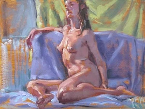 Lisa, Seated Nude on Purple-orig. 12x9" oil painting by TX artist Melissa Grimes - Picture 1 of 1