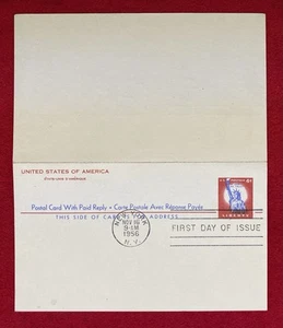 1956 *STATUE OF LIBERTY* UY16 {FIRST-DAY-OF-ISSUE} POSTAL CARD WITH PAID REPLY! - Picture 1 of 12