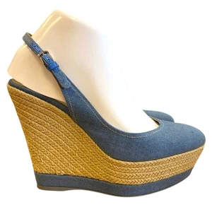 NEW SERGIO ROSSI Blue Canvas Slingback Espadrille Wedge Sandals, Size 38.5 - Picture 1 of 8