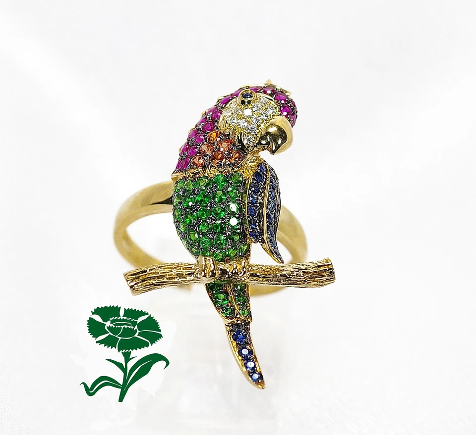 18K BIRD, PARROT, MACAW, RING, MULTI GEM, RUBY SAPPHIRE DIAMOND, YELLOW GOLD - Image 1 of 4