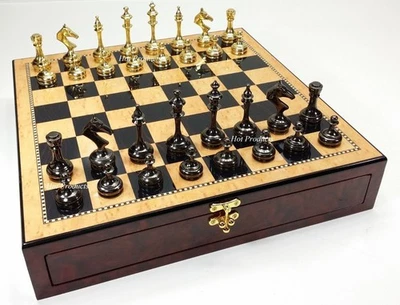 Real Brass Metal Gold & Black Modern Slim Staunton Chess Set 17" Storage Board - Image 1 of 4
