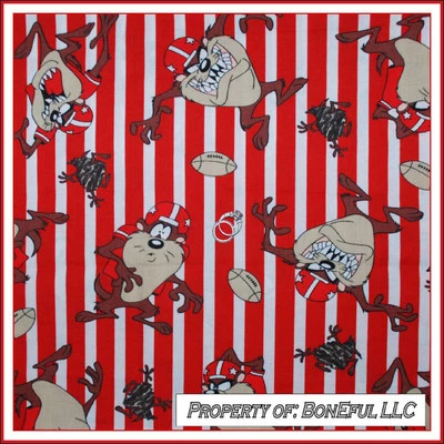BonEful Fabric FQ Cotton VTG Taz Looney Tunes Red White Football Stripe OOP RARE - Image 1 of 4