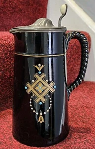 24cm VICTORIAN PEWTER LIDDED BLACK POTTERY HAND PAINTED FLOWERS WATER JUG -WB4 - Picture 1 of 16