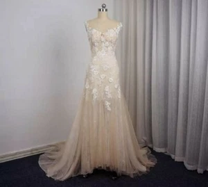 Vintage Champagne Lace Applique Sequins Wedding Dress Illusion Neck Bridal Gowns - Picture 1 of 9