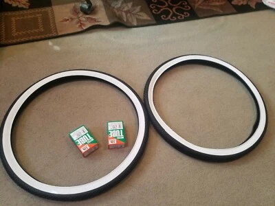 TWO 26X2X1&3/4"TIRES,TUBULAR S-7 WHITEWALL BRICK PATTERN,VINTAGE SCHWINN CRUISER - Image 1 of 4