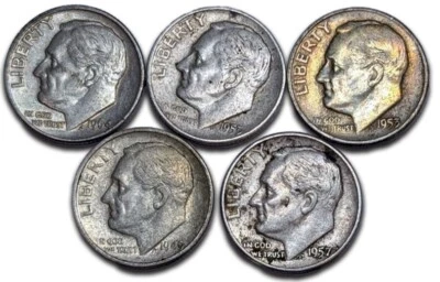 Lot of (5) Roosevelt Dime  90% Silver 1946 -1964 Average Circulated Coins SL01 - Image 1 of 2