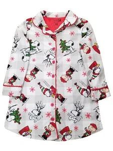 Girls Peanuts Snoopy Charlie Brown Gray Plaid Christmas Holiday Nightgown - Picture 1 of 1