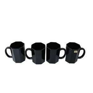 4 Arcoroc Black Glass Mugs Vintage Octagonal 91640 UNUSED - Picture 1 of 5