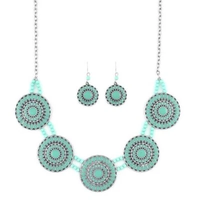 Turquoise Enameled 18 Inch Statement Necklace and Earrings in Silvertone - Image 1 of 4