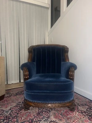Navy Blue Antique Mohair Armchair - Newly Reupholstered  - Image 1 of 2