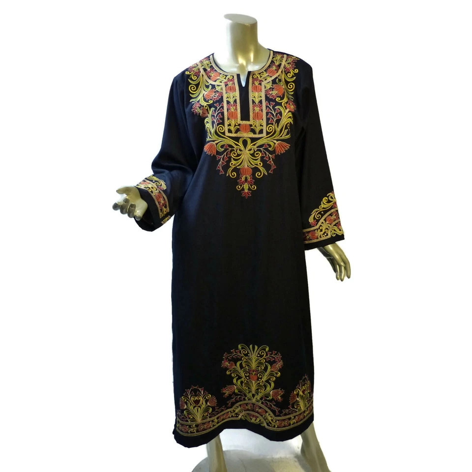 Women's Elegant Caftan Kaftan Maxi S-M Midnight Blue Gold Red Green Embroidery - Image 1 of 4