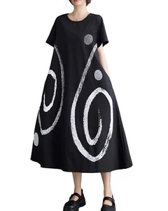 Women's Short Sleeves Maxi Length Pattern Print Casual Shirt Dress GZ172 Black - Picture 1 of 6