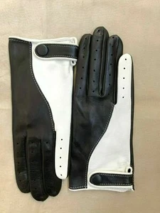 Handgefertigte Herren Autofahren schwarz & weiß italienische Napa Leder Handschuhe - Bild 1 von 4
