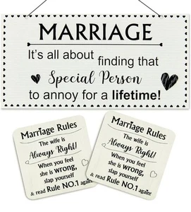 Wooden Marriage Plaque - Wedding Sign with 4 Rules Coasters for Bridesmaids - Picture 1 of 4