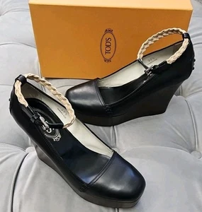 Tod's Zeppa Gomma Black Leather Wedge Heels Braided Strap Womens Shoes 37.5 7.5 - Picture 1 of 15