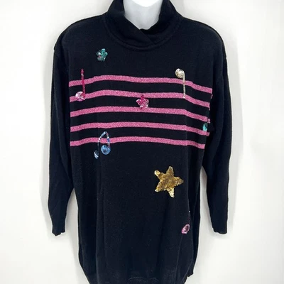 复古 Mondi 德国黑色模拟领毛衣亮片音乐主题两侧尺寸 38  — 第 1/4 张图片