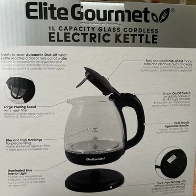 Hervidor de agua eléctrico de vidrio Elite Gourmet 1L, negro nuevo Foto 1 de 4