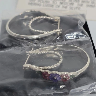 Винтажные серьги-кольца из чистого серебра с эмалью и цветочными цветами Avon - Изображение 1 из 4