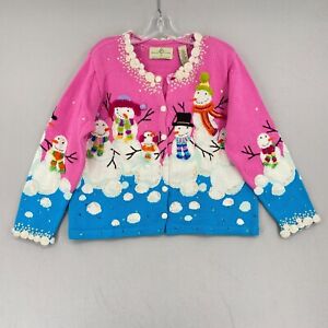 Design Options Philip Jane Sweater Large Pink Snowmen Beaded Christmas Holiday