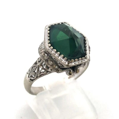 Impresionante Anillo de Cóctel Art Deco Oro Blanco 18K Hexágono Zafiro Verde Declaración Foto 1 de 4