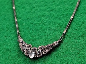 VINTAGE ESTATE STERLING SILVER 925 Marcasite Flower Boho Gemstone Necklace - Picture 1 of 20