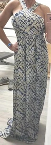 NWT Ark & Co. Blue Tan Scale Print Halter Sleeveless Open Back Maxi Dress M Tall - Picture 1 of 22